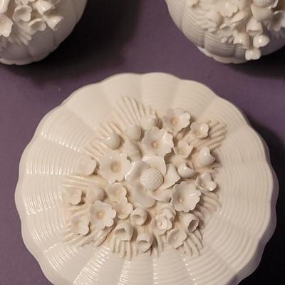 Vintage White Porcelain Vanity Set With 2 Toiletry Bottles and Powder Dish