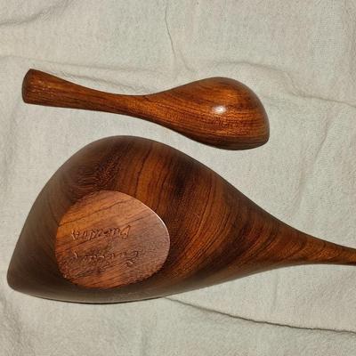 Carved Emil Milan Emilan wood bowl and spoon MCM Signed