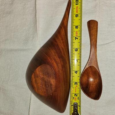 Carved Emil Milan Emilan wood bowl and spoon MCM Signed