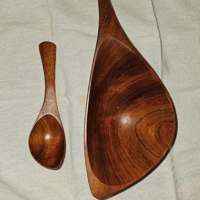 Carved Emil Milan Emilan wood bowl and spoon MCM Signed