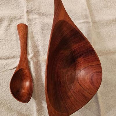 Carved Emil Milan Emilan wood bowl and spoon MCM Signed