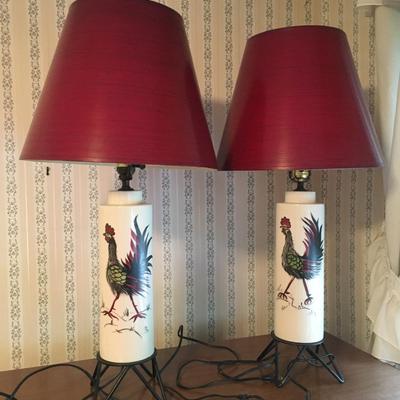 Pair MCM signed Rooster lamps