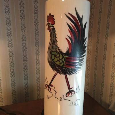 Pair MCM signed Rooster lamps