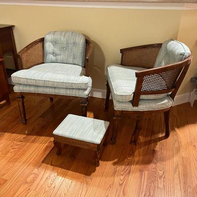 Pair of Caned Back Barrel Chairs & Stool (LR-RG)