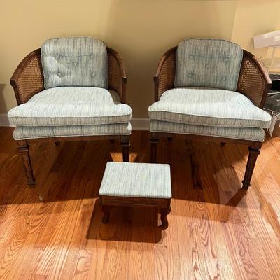 Pair of Caned Back Barrel Chairs & Stool (LR-RG)
