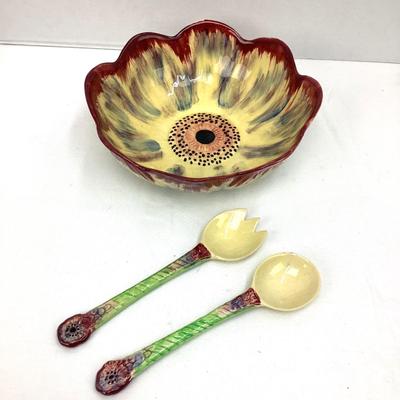 936 Antique Shorter & Sons Flower Salad Bowl with Utensils