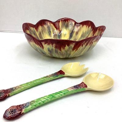 936 Antique Shorter & Sons Flower Salad Bowl with Utensils