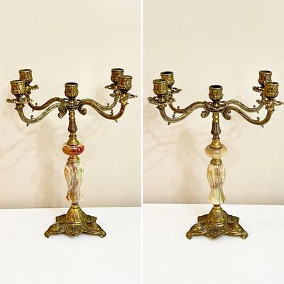 Pair (2) ~ Antique Floral / Fish Brass Marble 5 Candle Candelabras