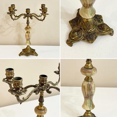 Pair (2) ~ Antique Floral / Fish Brass Marble 5 Candle Candelabras