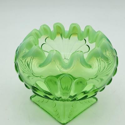 Antique Jefferson Green Opal Shell & Dots Opalescent Glass Crimped Rosebowl
