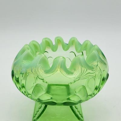 Antique Jefferson Green Opal Shell & Dots Opalescent Glass Crimped Rosebowl