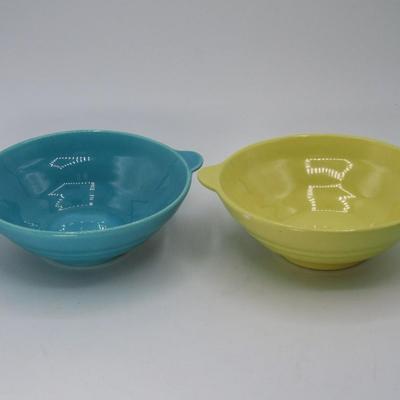 Pair of Vintage California Pottery Handled Cereal Bowls Ribbed Turquoise Blue and Yellow