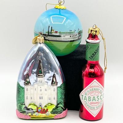 Three (3) New Orleans Themed Glass Christmas Ornaments
