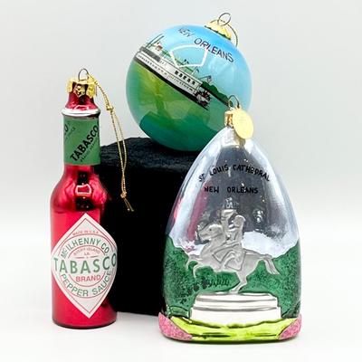 Three (3) New Orleans Themed Glass Christmas Ornaments