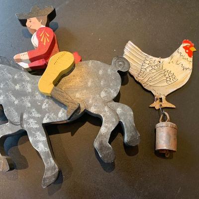 Antique Metal Chicken w Bell + Wooden Soldier/Horse