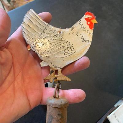 Antique Metal Chicken w Bell + Wooden Soldier/Horse