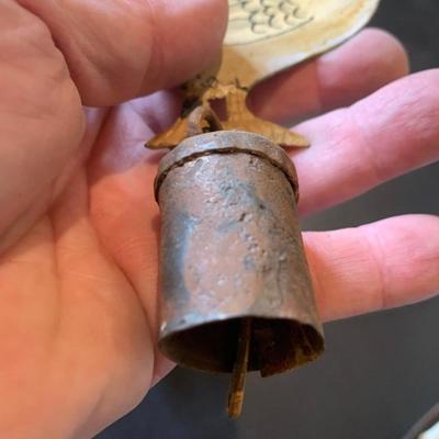 Antique Metal Chicken w Bell + Wooden Soldier/Horse