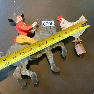 Antique Metal Chicken w Bell + Wooden Soldier/Horse