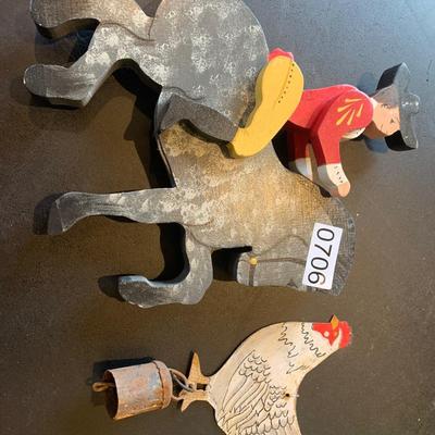 Antique Metal Chicken w Bell + Wooden Soldier/Horse