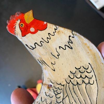 Antique Metal Chicken w Bell + Wooden Soldier/Horse