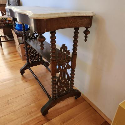 Antique Spool Turned Victorian Stand Marble Top Side table on Casters