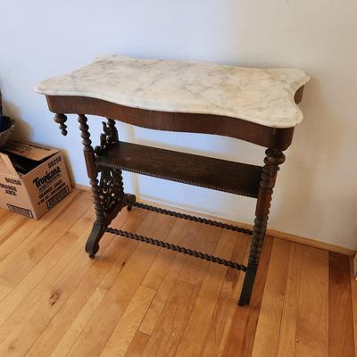 Antique Spool Turned Victorian Stand Marble Top Side table on Casters