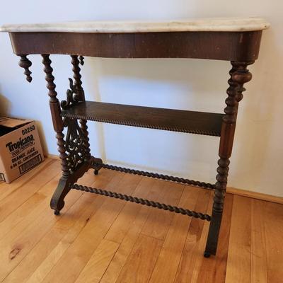 Antique Spool Turned Victorian Stand Marble Top Side table on Casters