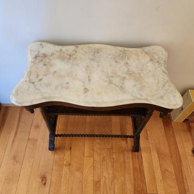 Antique Spool Turned Victorian Stand Marble Top Side table on Casters
