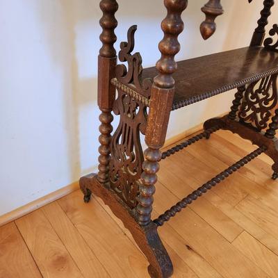 Antique Spool Turned Victorian Stand Marble Top Side table on Casters