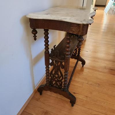 Antique Spool Turned Victorian Stand Marble Top Side table on Casters