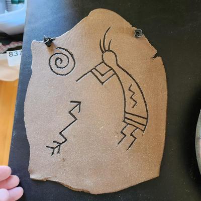 2 Kokopelli  Art Wall Hanging and Pottery Plate Signed