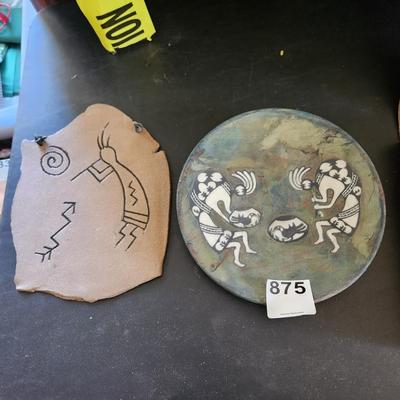 2 Kokopelli  Art Wall Hanging and Pottery Plate Signed