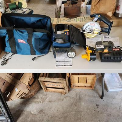Ryobi 18V Tools lot includes battery charger bag Drill Saw & Light Tested