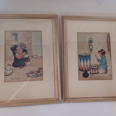 Original Americans by Vera Louise Drysdale 1966 framed prints "Little Drummer" & RARE "Little Hopi"