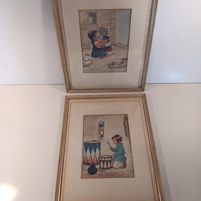 Original Americans by Vera Louise Drysdale 1966 framed prints "Little Drummer" & RARE "Little Hopi"