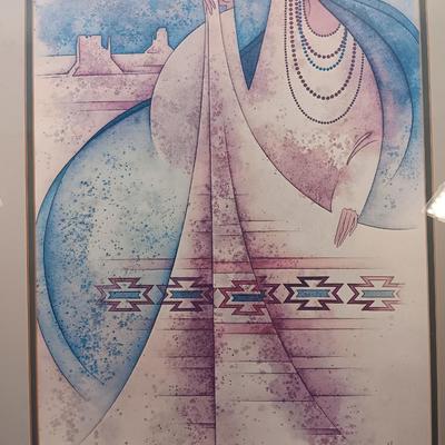 Framed Stunning art print by: G. E. Mullan Squash Blossom Blanket with pottery piece