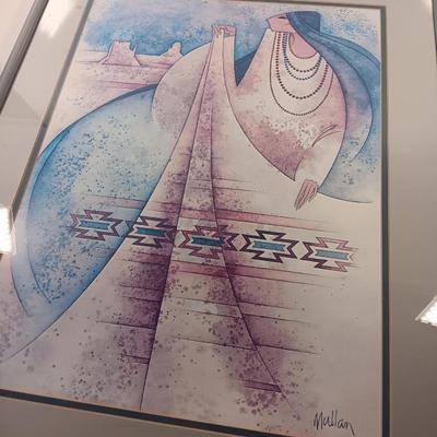 Framed Stunning art print by: G. E. Mullan Squash Blossom Blanket with pottery piece