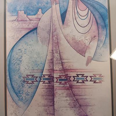 Framed Stunning art print by: G. E. Mullan Squash Blossom Blanket with pottery piece