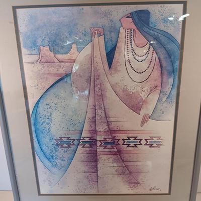 Framed Stunning art print by: G. E. Mullan Squash Blossom Blanket with pottery piece