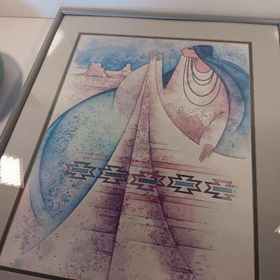 Framed Stunning art print by: G. E. Mullan Squash Blossom Blanket with pottery piece