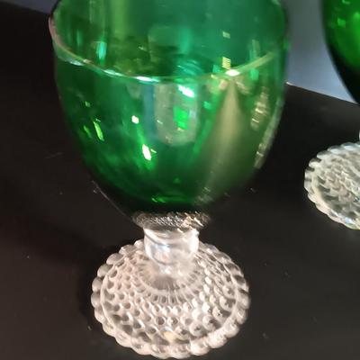Six Anchor Hocking Emerald Green Chalice Stemware with bowls and Dessert Plates