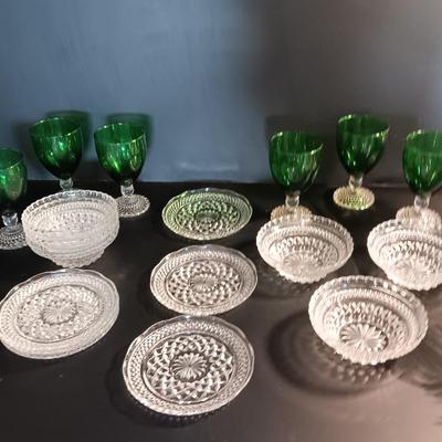 Six Anchor Hocking Emerald Green Chalice Stemware with bowls and Dessert Plates