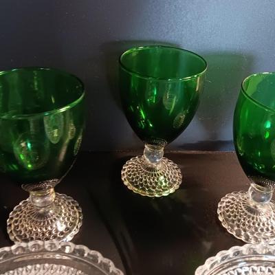 Six Anchor Hocking Emerald Green Chalice Stemware with bowls and Dessert Plates