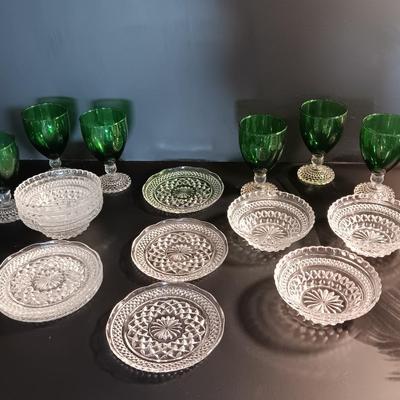 Six Anchor Hocking Emerald Green Chalice Stemware with bowls and Dessert Plates