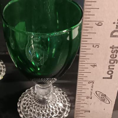 Six Anchor Hocking Emerald Green Chalice Stemware with bowls and Dessert Plates