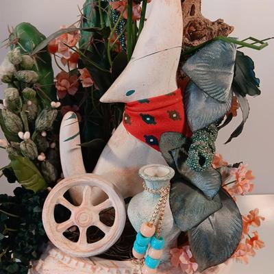 Howling wolf in pottery planter with Faux greenery / Cactus and a dream catcher