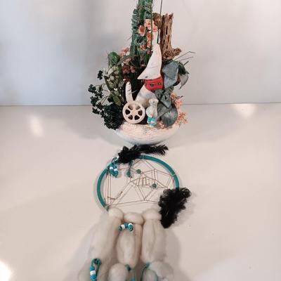 Howling wolf in pottery planter with Faux greenery / Cactus and a dream catcher