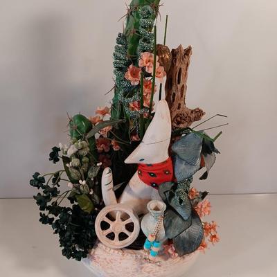 Howling wolf in pottery planter with Faux greenery / Cactus and a dream catcher