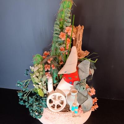 Howling wolf in pottery planter with Faux greenery / Cactus and a dream catcher