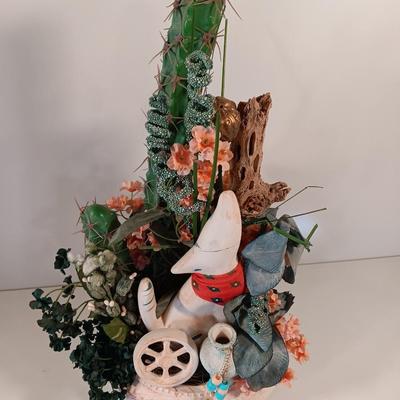 Howling wolf in pottery planter with Faux greenery / Cactus and a dream catcher